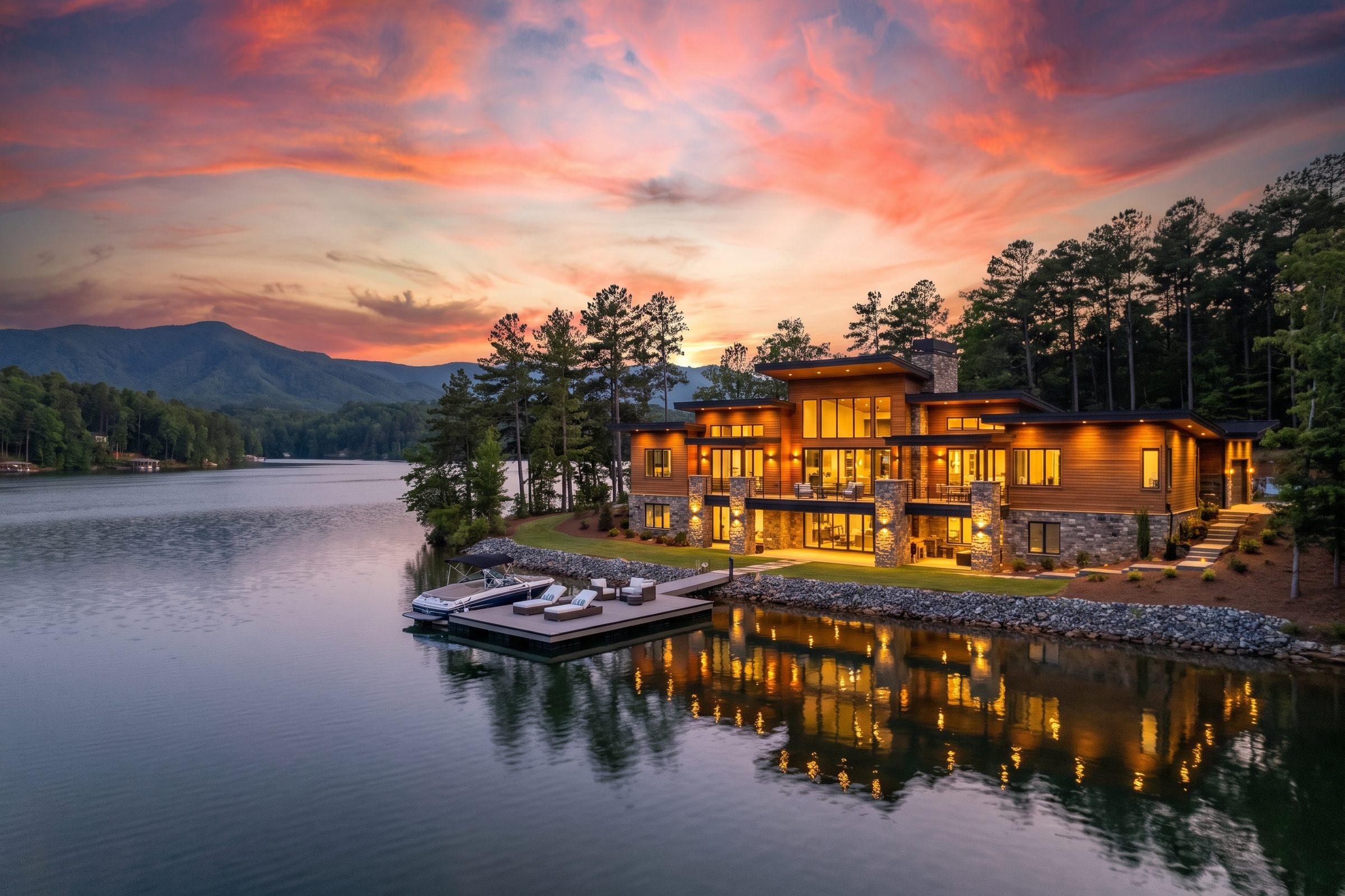 Lake property at golden hour with foothills in the distance